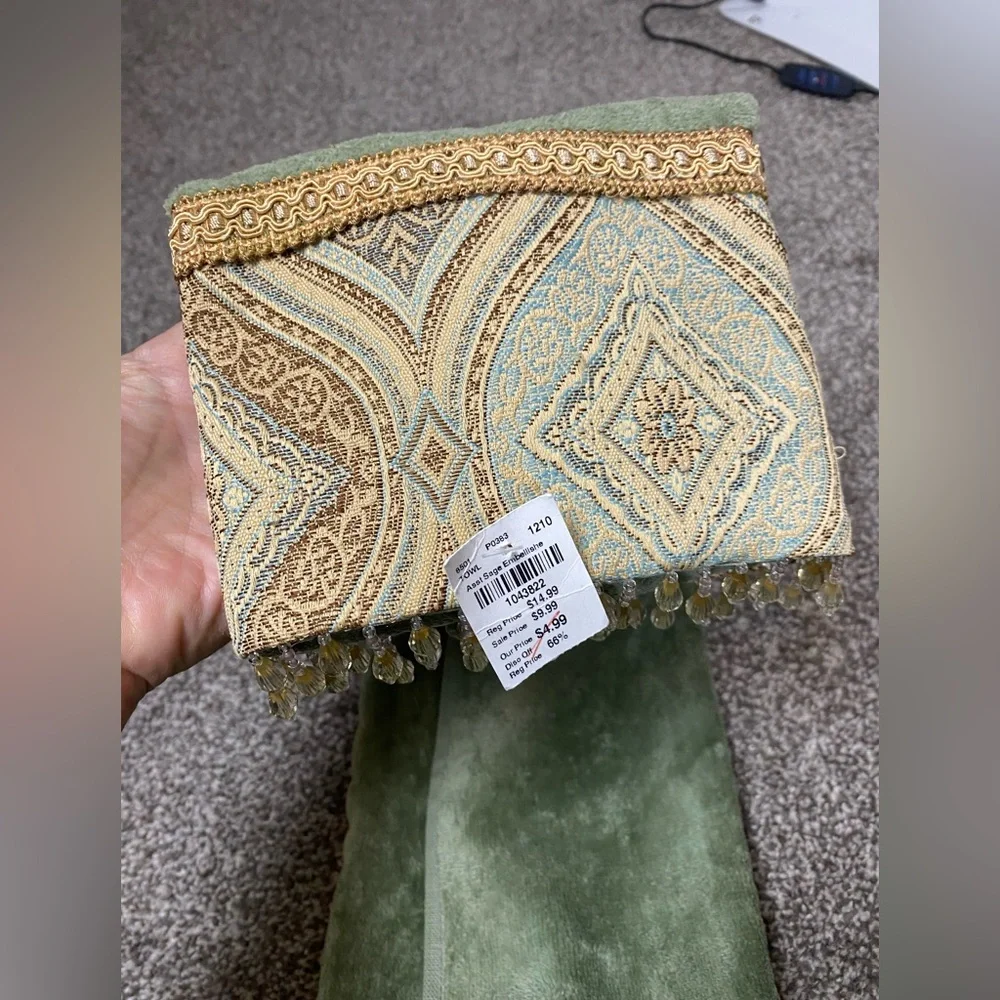 Sherry Kline Cotton Sage Green Beaded Embellished Hand Towel NWT